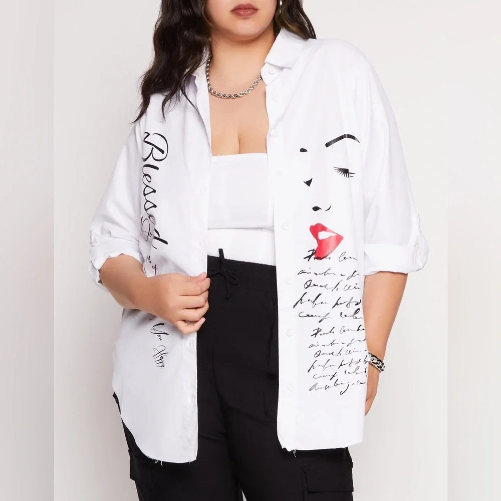White Graphic Button-Down Shirt - Picture 1 of 3